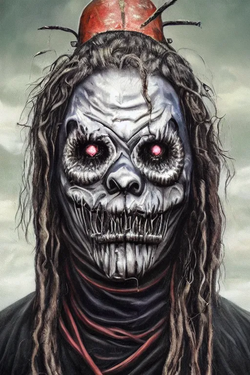 Image similar to a full body high detail fantasy portrait oil painting illustration of slipknot band by justin sweet with face and body clearly visible, in a scenic background, insane, realistic proportions, d & d, rpg, forgotten realms, artstation trending, high quality, sombre mood, artstation trending, muted colours, entire person visible!