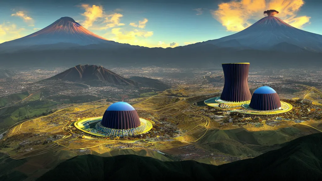 Image similar to Epic Giant Nuclear Reactor over the mountain valley of Quito, Ecuador; by Oswaldo Moncayo and Vincent Callebaut; Avatar Computer Graphics Cinema Style; 4K, 8K; ultimate landscape shot;