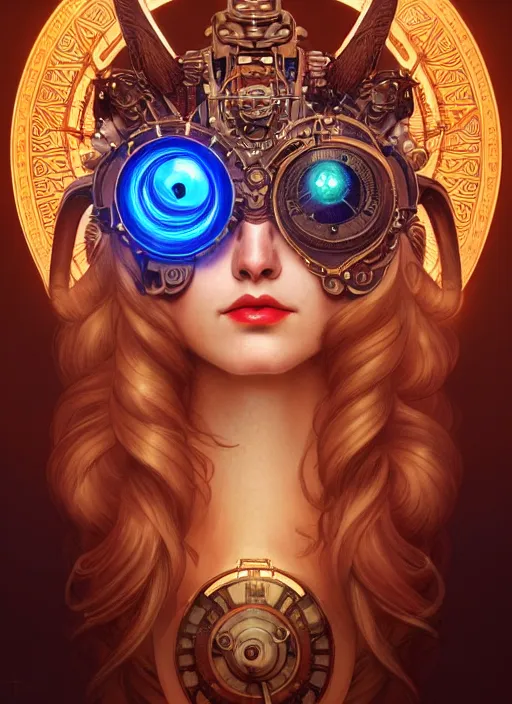 Prompt: the goddess artemis smirking, mechanical owl perched on shoulder, steampunk, glowing eyes, volumetric lights, red and cyan theme, art nouveau botanicals, intricate, highly detailed, digital painting, artstation, concept art, smooth, sharp focus, cinematic, illustration, beautiful face, art by artgerm and greg rutkowski and alphonse mucha