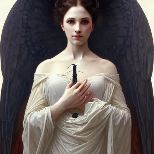 Image similar to portrait of the angel of death, intricate, elegant, highly detailed, digital painting, artstation, concept art, smooth, sharp focus, illustration, art by artgerm and greg rutkowski and alphonse mucha and william - adolphe bouguereau