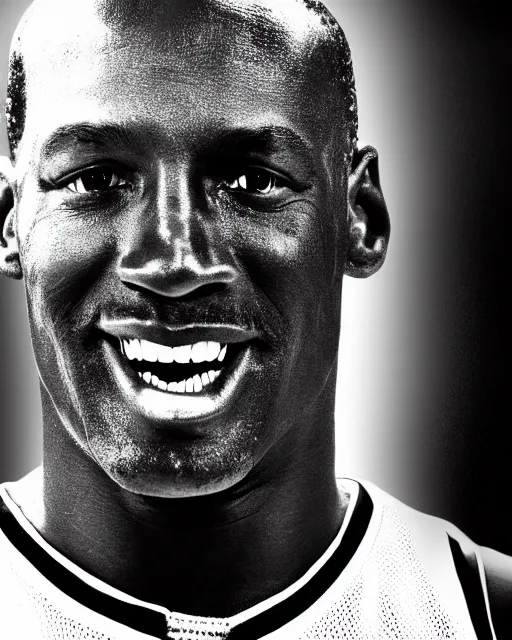 Image similar to photograph of michael jordan in a chicago bulls uniform, in the styles of cameron look, andrew bernstein, and ansel adams. monochrome hdr, intense face, accurate facial details