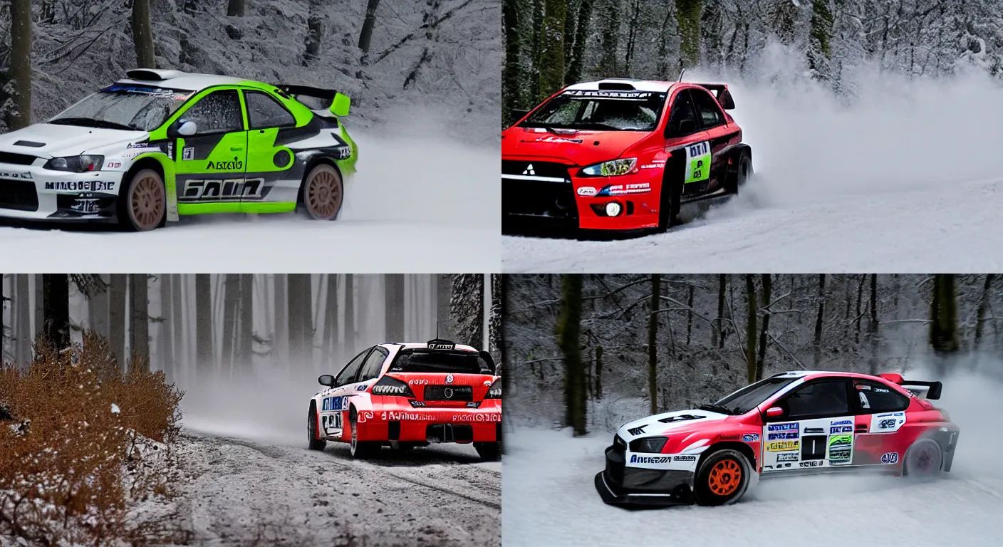 Prompt: a 2 0 0 8 mitsubishi lancer evolution x gsr, racing through a rally stage in a snowy forest