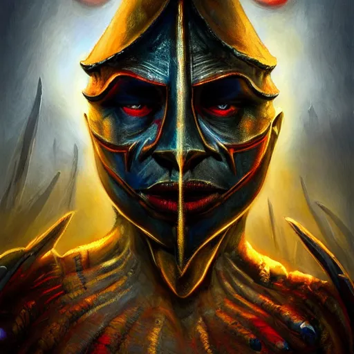 Image similar to Bright, colorful, realistic dark gritty individual elder scrolls morrowind Dagoth Ur, powerful Chimer lord head shot golden headdress backlighting, kodachrome, high contrast, highly detailed, sharp focus, digital painting, concept art, illustration, trending on artstation, comic book by Alex Ross cover art