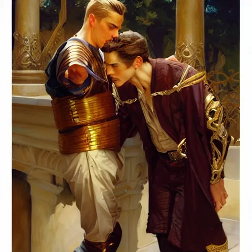 Image similar to attractive fully clothed king confesses his love for his attractive fully clothed male prince. highly detailed painting by j. c. leyendecker, craig mullins, gaston bussiere, mark brooks