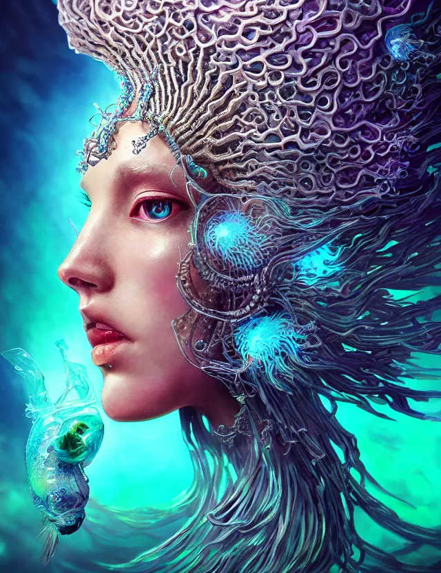 Image similar to goddess macro close - up portrait in crown made of ram skull. betta fish, jellyfish phoenix, bioluminiscent, plasma, ice, water, wind, creature, super intricate ornaments artwork by tooth wu and wlop and beeple and greg rutkowski