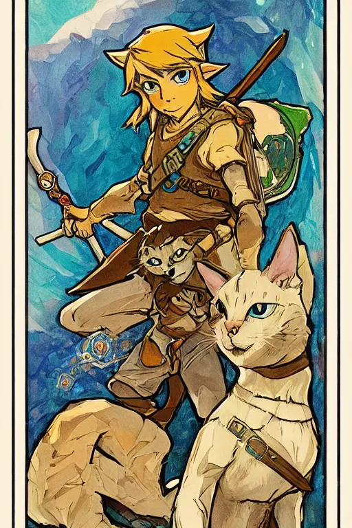 Image similar to link from The Legend of Zelda: Breath of the wild playing with a cat by and mucha,geometric shapes, hard edges ,Visual Communication Design