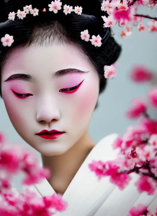 Image similar to Beautiful Japanese geisha close up portrait shot, 1920s geisha, Japanese, young woman, half body photo, upper body, traditional geisha clothing, geisha makeup, geisha hairstyle, hyper realistic, 8k detail, trending, professional photography, cherry blossom background