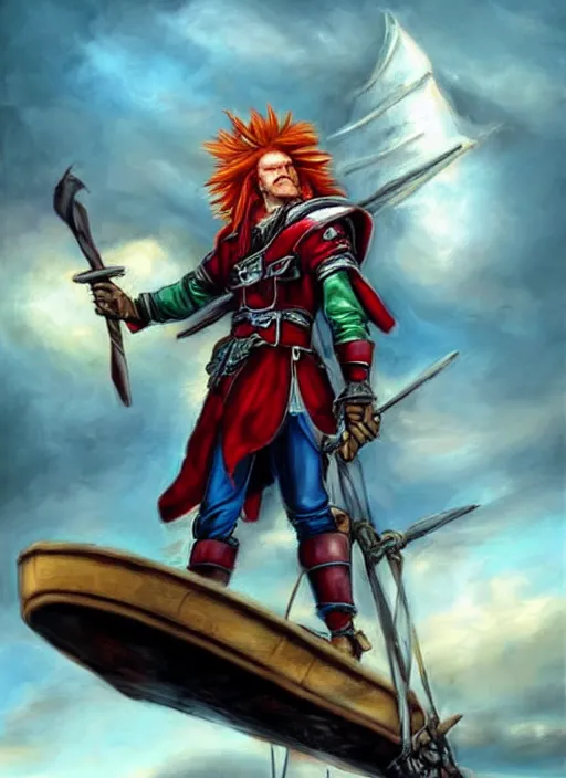 Image similar to epic fantasy portrait painting of a long haired, red headed male sky - pirate in front of an airship in the style of the gundam