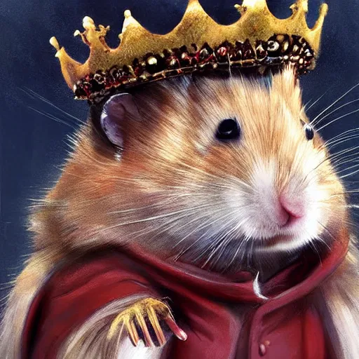 Image similar to a king hamster with a crown and a coat, painted by Raymond Swanland