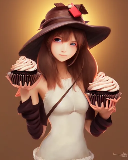 Prompt: personification of chocolate cupcake, cute hats, unreal engine, highly detailed, digital illustration by artgerm, tooth wu, studio ghibli, deviantart, sharp focus, artstation, bakery by greg rutkowsky, sweets, dog