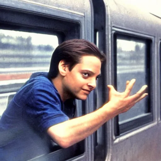 Image similar to photo of tobey maguire stopping a train