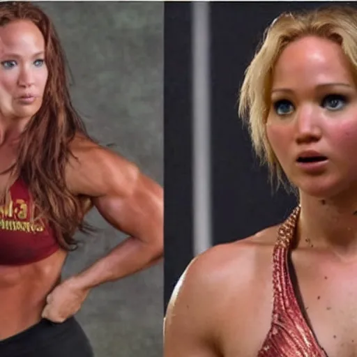 Image similar to first photos of 2 0 2 4 female pumping iron remake - muscular jennifer lawrence as conan, put on 1 0 0 pounds of muscle, looks different, steroids, hgh, ( eos 5 ds r, iso 1 0 0, f / 8, 1 / 1 2 5, 8 4 mm, postprocessed, crisp face, facial features )