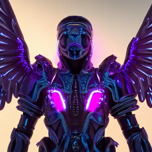 Image similar to a photo of 8 k ultra realistic archangel with 6 wings, full body, intricate purple and blue neon armor, ornate, cinematic lighting, trending on artstation, 4 k, hyperrealistic, focused, high details, unreal engine 5, cinematic