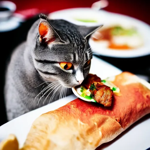 Prompt: grey brittish short hair cat eating kebap, animal photography, food photography