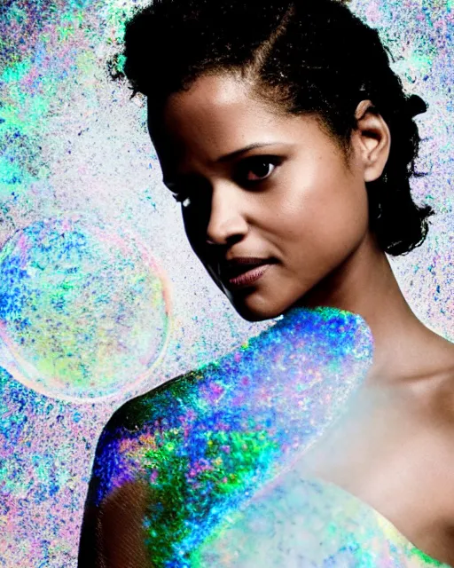 Prompt: annie leibovitz style photoshoot editorial of gugu mbatha - raw as sue storm of the fantastic four, wearing a beautiful iridescent shimmering wedding dress made out of particle effects, force field soap like bubble, hyperreal, magical, translucent, iridescent, shimmering wedding dress