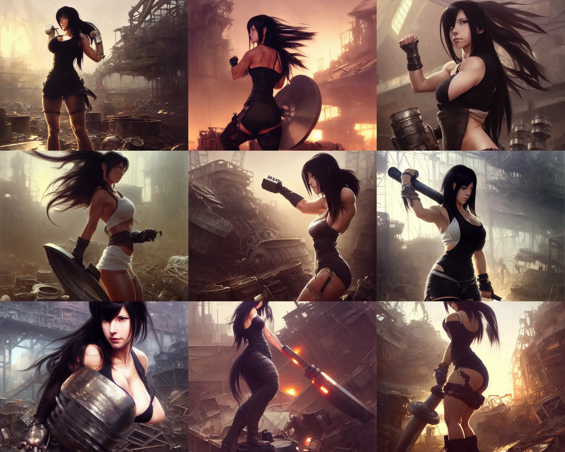 Prompt: tifa lockhart lifting heavy metal objects in a scrapyard, deep focus, sweat drops, intricate, elegant, highly detailed, digital painting, artstation, concept art, matte, sharp focus, illustration, art by artgerm and greg rutkowski and alphonse mucha