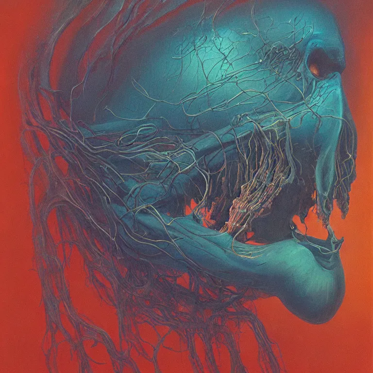 Image similar to Hyperrealistic intensely colored studio Photograph portrait of a deep sea bioluminescent Vampire Squid deep underwater in darkness long exposure, award-winning nature deep sea expressionistic impasto heavy brushstrokes oil painting by Audubon and Zdzisław Beksiński vivid colors hyperrealism 8k
