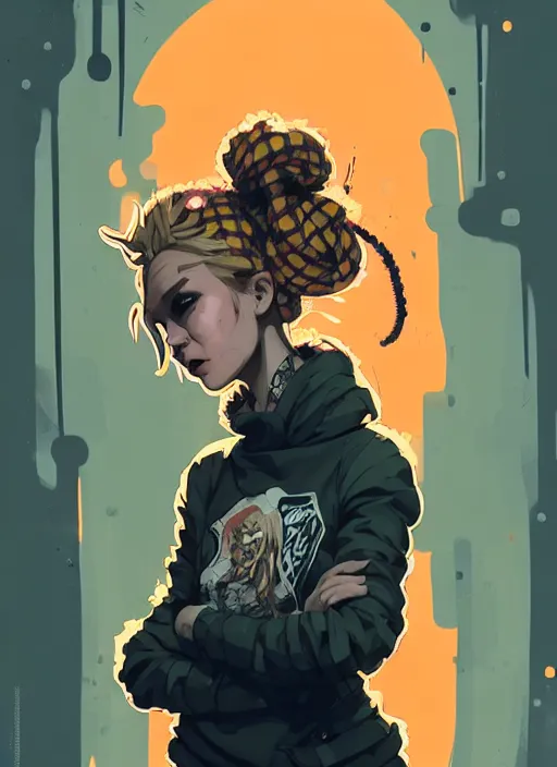 Image similar to highly detailed portrait of a sewer punk lady, tartan hoody, blonde ringlet hair by atey ghailan, by greg rutkowski, by greg tocchini, by james gilleard, by joe fenton, by kaethe butcher, gradient orange, black, blonde cream and white color scheme, grunge aesthetic!!! ( ( graffiti tag wall background ) )