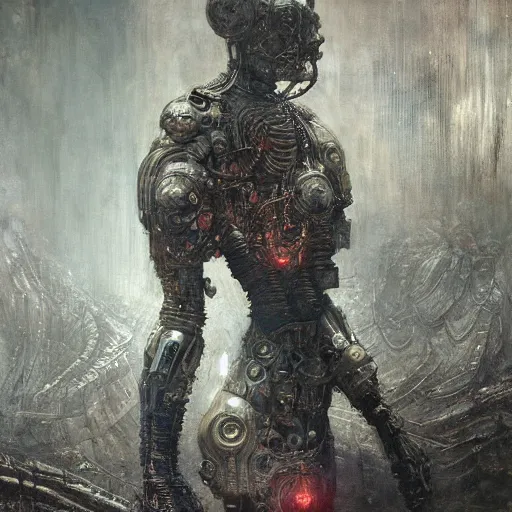 Prompt: a cyborg, dreaming of a better world, by gustave dore and gustave moreau and beksinski and giger and craig mullins and jeremy mann