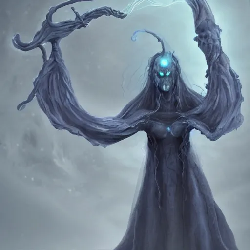 Image similar to concept designs for an ethereal ghostly wraith like figure with a squid like parasite latched onto its head and long tentacle arms that flow lazily but gracefully at its sides like a cloak while it floats around a frozen rocky tundra in the snow searching for lost souls and that hides amongst the shadows in the trees, this character has hydrokinesis and electrokinesis for the resident evil village video game franchise with inspiration from the franchise Bloodborne and the mind flayer from stranger things on netflix in the style of a marvel comic