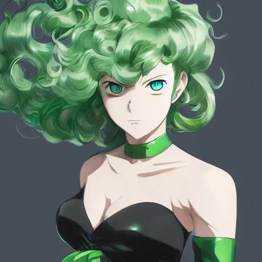 Image similar to tatsumaki from one punch man, green wavy hair, black dress, fine details, sharp focus, intricate, by cushart krenz, by makoto shinkai, by wlop, by artgerm