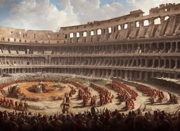 Prompt: a historical depiction of an epic scene at the roman coliseum filled with dueling gladiators, in the style of greg rutkowski, giulio romano, digital painting, unreal engine, extremely detailed masterpiece