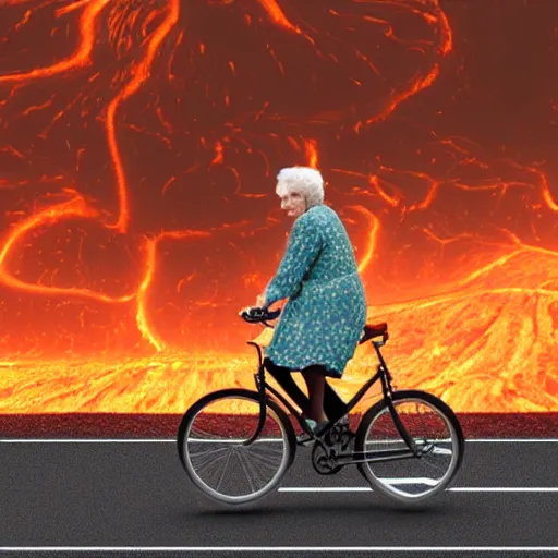 Image similar to a cute gentle elderly woman riding a bike through a field of lava and tentacles, realistic photo