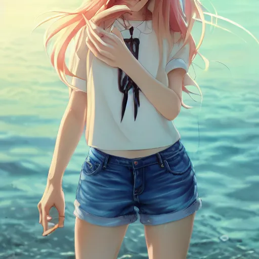 Image similar to a very beautiful anime girl, full body, long wavy blond hair, sky blue eyes, full round face, short smile, cute top, short jeans, summer lake setting, cinematic lightning, medium shot, mid-shot, highly detailed, trending on Artstation, Unreal Engine 4k, cinematic wallpaper by Stanley Artgerm Lau, WLOP, Rossdraws, James Jean, Andrei Riabovitchev, Marc Simonetti, and Sakimichan