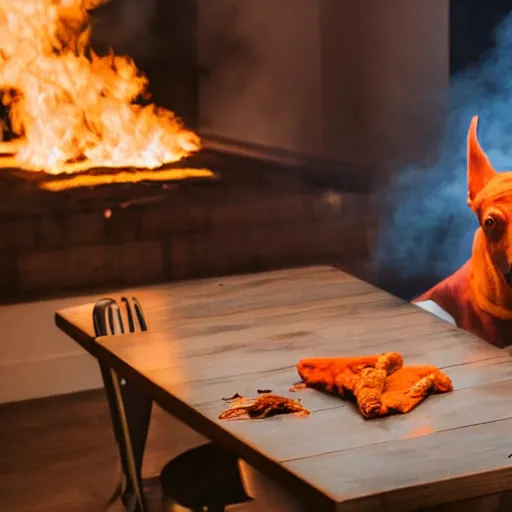 Image similar to a photograph of an orange humanlike dog in his house, sitting relaxed at a table, ☕ on the table, surrounded by flames and fire, smoke above him