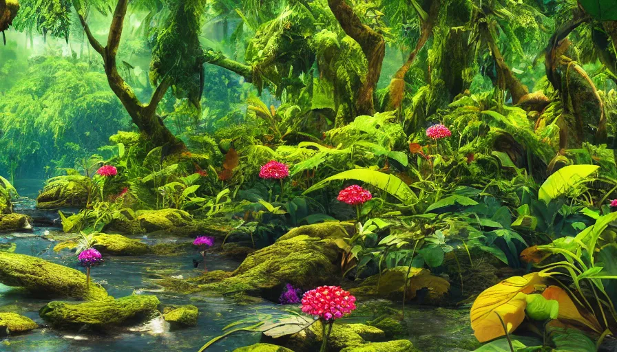 Prompt: inside a wild jungle, colorful toxic flowers, lianas in trees, high trees, hyperrealistic, 4 k, artstation, ultra detailed, river through jungle, stones in river, much green, blue sky, sunny weather, shadows, many plants, grass