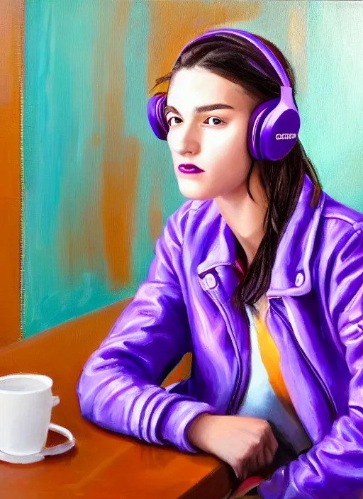 Image similar to young adult woman in a coffee shop wearing bright purple headphones and a leather jacket looking unamused, natural light, oil painting