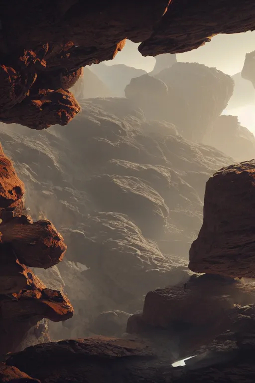 Image similar to mechanoids mining resources in a vast futuristic rocky landscape in the style of thomas cole, raytracing, 8 k, octane render, volumetric, vivid, beautiful, hyperrealism