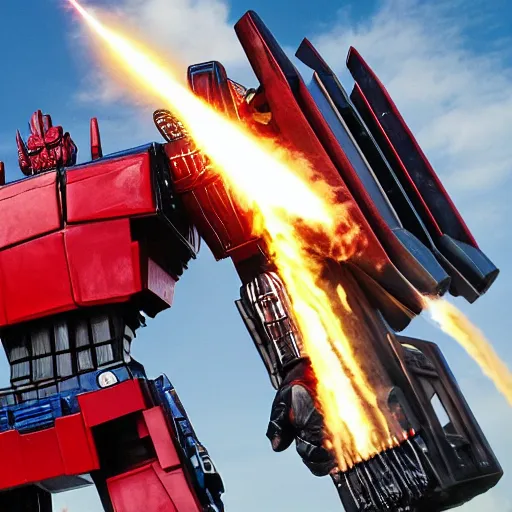 Image similar to optimus prime shooting at megatron, striking pose, robot huge, fly engines,