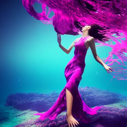 Prompt: beautiful modern woman dancing underwater wearing a flowing dress made of blue, magenta, and yellow seaweed, delicate coral sea bottom, swirling silver fish, swirling smoke shapes, octane render, caustics lighting from above, cinematic