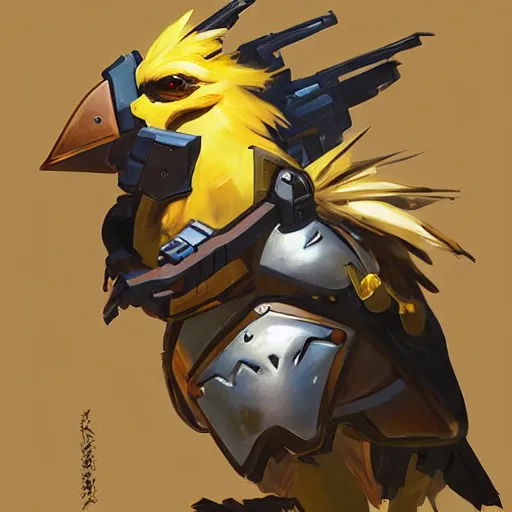 Image similar to greg manchess portrait painting of fully armored chocobo as overwatch character, medium shot, asymmetrical, profile picture, organic painting, sunny day, matte painting, bold shapes, hard edges, street art, trending on artstation, by huang guangjian and gil elvgren and sachin teng