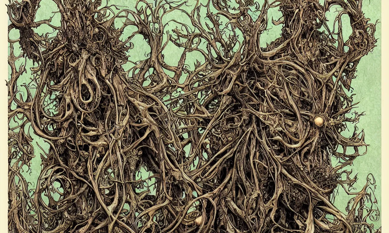 Image similar to hyperdetailed art nouveau portrait of treebeard as a cthulhu eyeball moose skull wendigo cryptid monster, by geof darrow, simon bisley and bill sienkiewicz, grim yet sparkling atmosphere, photorealism, claws, skeleton, antlers, fangs, forest, wild, bizarre, scary, lynn varley, lovern kindzierski, steve oliff