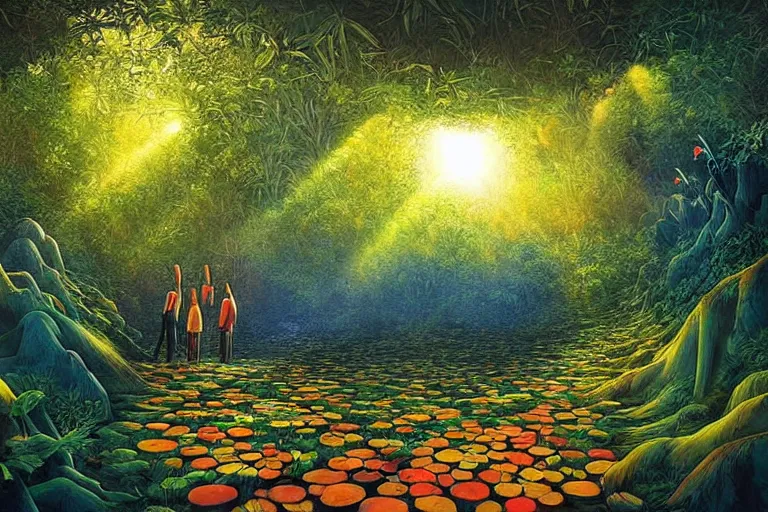 Image similar to surreal glimpse into other universe, a sun shines in bamboo cave, summer morning, very coherent and colorful high contrast, art by!!!! gediminas pranckevicius!!!!, geof darrow, dark shadows, hard lighting