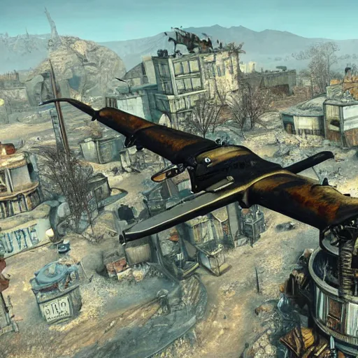 Prompt: a vertibird from Fallout flying over a steampunk village