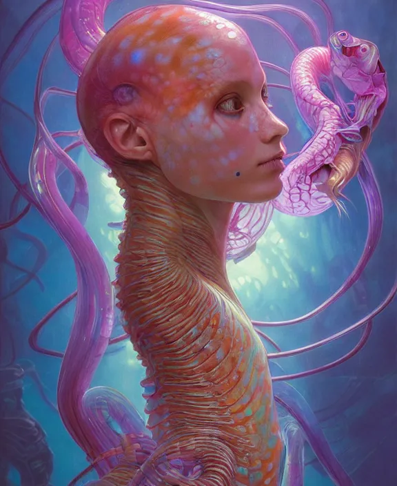 Prompt: colorful transparent portrait of a disturbing beautiful alien snake creature, mottled coloring, adorable, childlike, underwater environment, ultra realistic, concept art, art nouveau, photorealistic, octane render, 8 k, unreal engine. art by christopher marley and artgerm and greg rutkowski and alphonse mucha