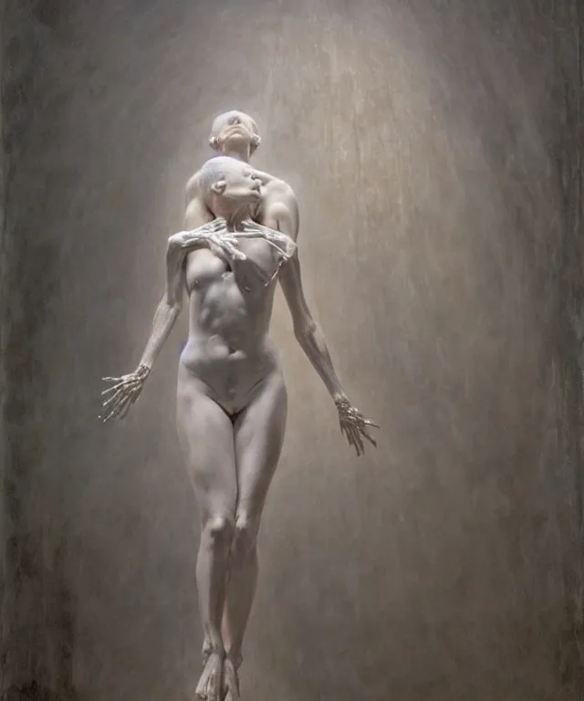 Image similar to Beautiful full-body wax sculpture of glowing transparent woman with visible bones covered with melted white candle wax inside the singularity where stars becoming baroque folds of dark matter by Michelangelo da Caravaggio, Nicola Samori, William Blake, Alex Grey and Beksinski, dramatic volumetric lighting, highly detailed oil painting, 8k, masterpiece