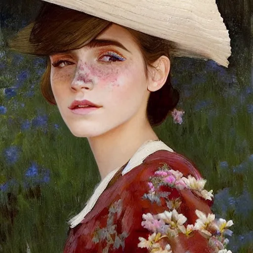 Prompt: closed eyesthick paint brush strokes full body fashion model emma watson by Jeremy Lipking by Hasui Kawase by Richard Schmid (((smokey eyes makeup eye shadow fantasy, glow, shimmer as victorian woman in a long white frilly lace dress and a large white hat having tea in a sunroom filled with flowers, roses and lush fern flowers ,intricate, night, highly detailed, dramatic lighting))) , high quality