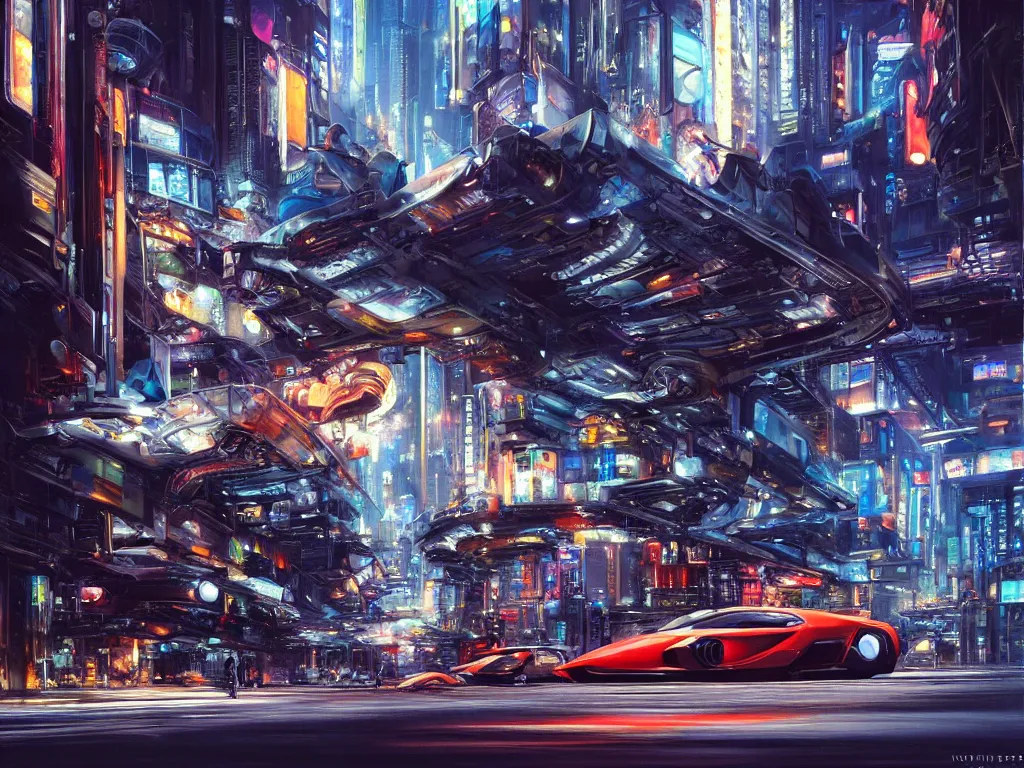Prompt: hyperrealistic and beautiful painting of a slice of life from a futuristic city street, mechanical designs, futuristic vehicles, night, meticulous, night, cinematic, cyberpunk style, highly detailed!, realism, oil painting, 8 k resolution, concept art, by noriyoshi ohrai, john berkey