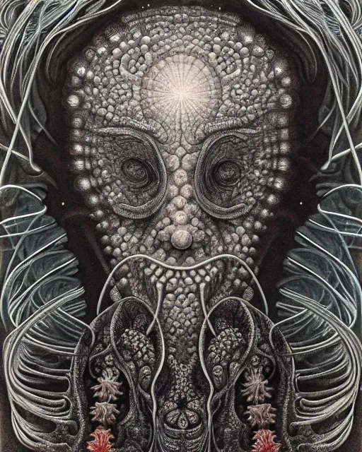 Image similar to realistic detailed underwater face portrait of the beautiful young god of the fish of the fractal waters with an intricate headgear of corals, sea kelp, sea plants, fish, starfish, jellyfish, art by ernst haeckel, zdzisław beksinski, hieronymus bosch, gothic, neo - gothic, ornamental, beautiful deep colours,