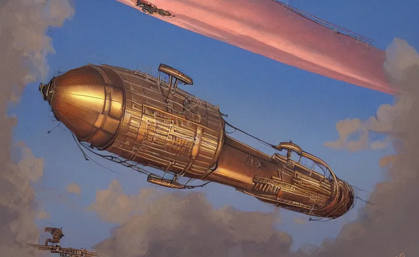 Image similar to artdeco steampunk airship in clouds over prague city, city lights, birds, sunset, evening light, illustration by james gurney, artstation