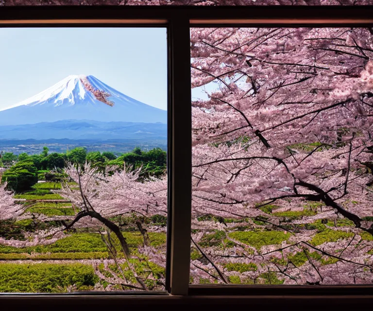 Prompt: a photo of mount fuji, japanese ladscapes, rice paddies, sakura trees, seen from a window of a train. cinematic lighting.