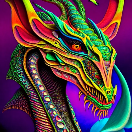 Prompt: an extremely psychedelic portrait of a dragon, surreal, lsd, face, detailed, intricate, elegant, lithe, highly detailed, digital painting, artstation, concept art, smooth, sharp focus, illustration