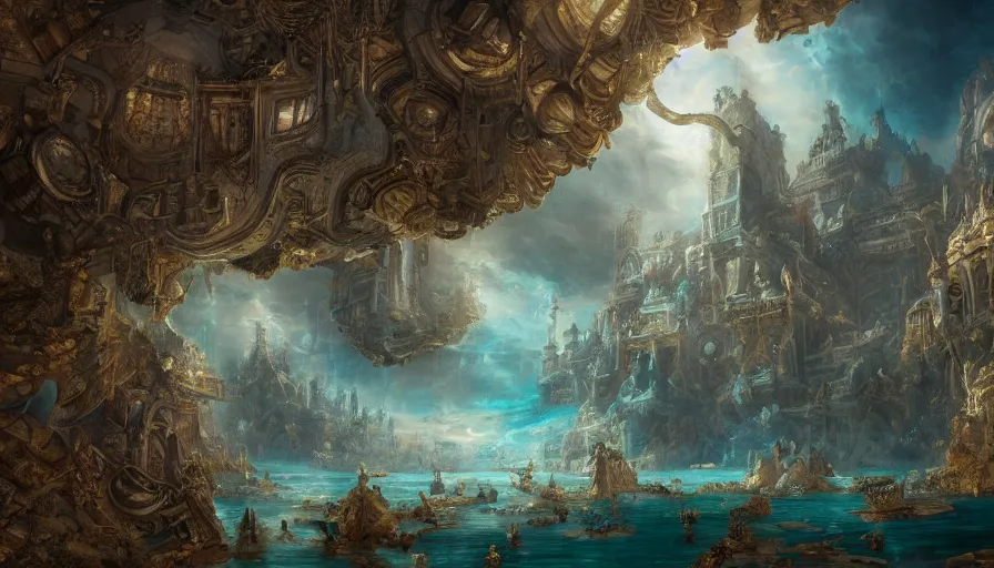 Prompt: Baroque painting of a underwater city with mermaids, hyperdetailed, artstation, cgsociety, 8k