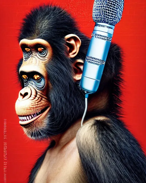 Image similar to a portrait of an anthropomorphic rockstar chimp singing into a microphone int eh recording studio by sandra chevrier, by jon foster, detailed render, tape deck, epic composition, cybernetics, 4 k realistic, cryengine, realistic shaded lighting, sharp focus, masterpiece, by enki bilal