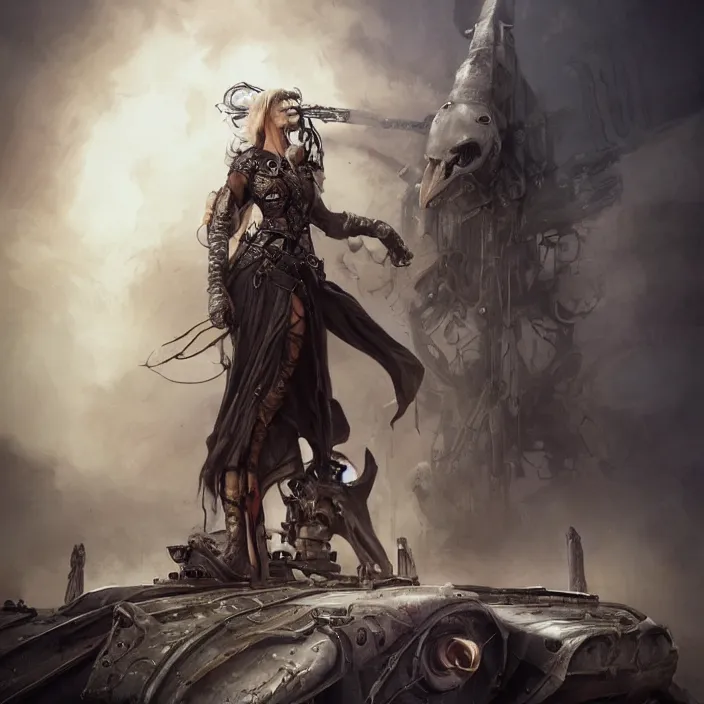 Image similar to beautiful apocalyptic woman in hooded cloak, standing on mad max panzer tank, hyper-detailed, smooth, sharp focus, 4k ultra hd, fantasy dark art, tank girl, artgerm, artstation, octane render, elegant, detailed digital painting, apocalyptic art, peter mohrbacher, Francis bacon