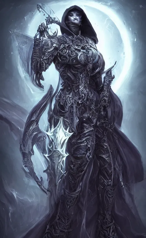 Prompt: character concept, beautiful warlock in armor, black hair, hooded cowl, intricate smooth patterns, cosmic armor, diablo splash art, cinematic lighting, hr giger style